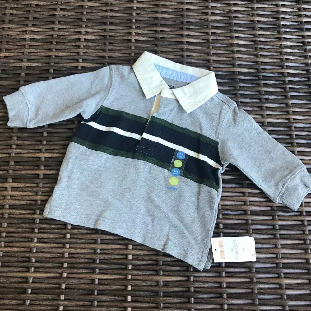 Gymboree Football League Rugby Stripe Shirt 3-6 mo Gray Navy Green Cream‎